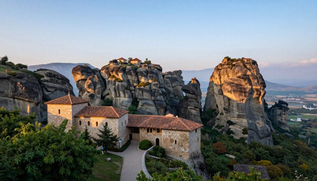 A breathtaking view of the Subich Cell Monastery nestled among towering rock formations in Ukraine, captured in soft, golden morning light that highlights the textures of the stone. In the foreground, lush greenery gently frames the entrance to the monastery, while winding paths lead towards the weathered stone structure, which blends seamlessly with the rugged landscape. The middle ground features the majestic cliffs rising sharply, adorned with patches of moss and narrow ledges, creating a dramatic contrast against the serene blue sky. In the background, distant hills provide depth, their contours softened by a gentle haze. The atmosphere is tranquil and spiritual, inviting viewers to explore the natural beauty and historical significance of this remarkable site.