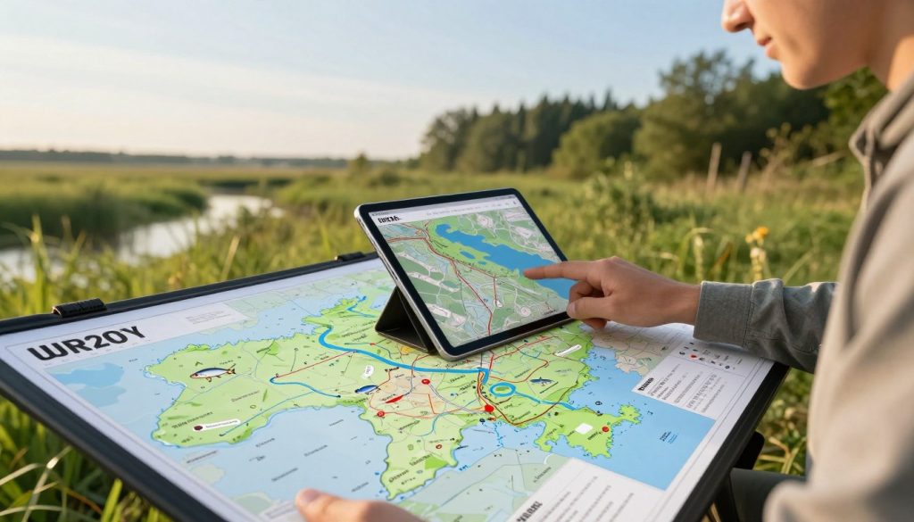 A detailed, interactive map focused on fishing in Ukraine for the year 2026. The foreground includes a vibrant fishing location with detailed water bodies, lakes, rivers, and marked hotspots, showcasing fish species, depths, and weather conditions. In the middle, a user interacts with the map on a tablet, wearing casual clothing, appearing focused and engaged with the content. The background features a serene natural landscape, including lush greenery and blue skies, conveying a peaceful atmosphere. Early morning sunlight casts a warm glow across the scene, enhancing the inviting mood. The camera angle is slightly above eye level, capturing both the map and the environment, inviting viewers to explore. A detailed, interactive map focused on fishing in Ukraine for the year 2026. The foreground includes a vibrant fishing location with detailed water bodies, lakes, rivers, and marked hotspots, showcasing fish species, depths, and weather conditions. In the middle, a user interacts with the map on a tablet, wearing casual clothing, appearing focused and engaged with the content. The background features a serene natural landscape, including lush greenery and blue skies, conveying a peaceful atmosphere. Early morning sunlight casts a warm glow across the scene, enhancing the inviting mood. The camera angle is slightly above eye level, capturing both the map and the environment, inviting viewers to explore.