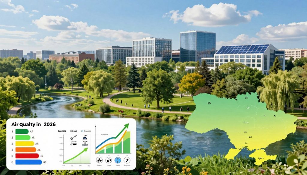 A detailed visualization of air quality ratings in Ukraine, showcasing a vibrant and ecologically clean landscape promoting environmental health. In the foreground, display various air quality indicators like colorful charts, graphs, and icons representing pollutants, with arrows illustrating improvement trends. The middle ground features lush green parks and trees, symbolizing fresh air and a healthy ecosystem, with clean, flowing water bodies nearby. In the background, a serene skyline of modern buildings with solar panels reflects sustainable architecture. Use bright, natural lighting to evoke a hopeful atmosphere, highlighting blue skies and fluffy clouds. The angle should be slightly elevated to capture the full beauty of this eco-friendly region, suggesting optimism and progress towards cleaner environments by 2026.