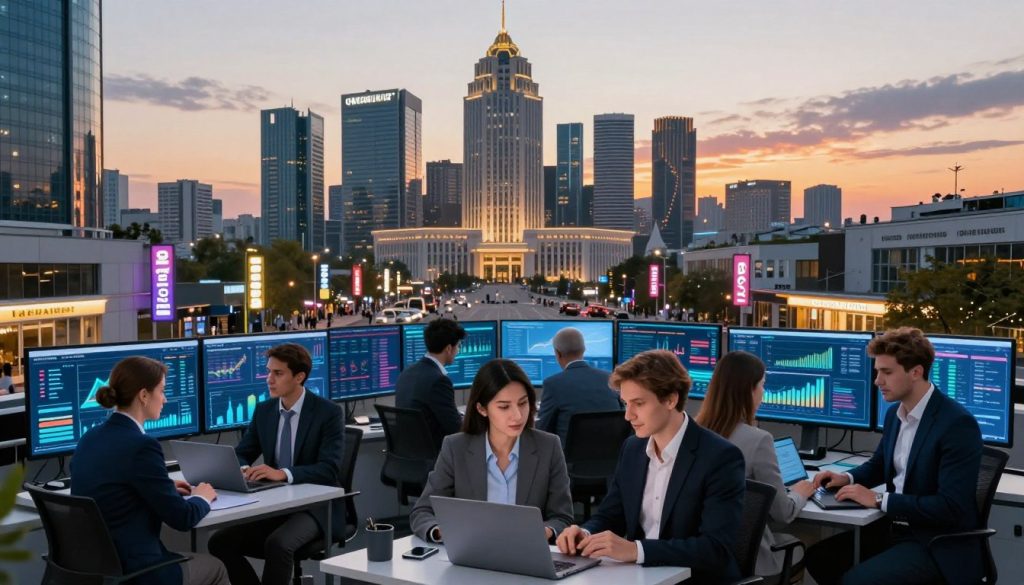 A dynamic representation of Ukraine's IT market, showcasing a modern city skyline with iconic Ukrainian architecture, symbolizing growth and technology. In the foreground, diverse professionals in business attire are engaged in discussions and working on laptops, surrounded by digital screens displaying data analytics and growth metrics. In the middle ground, a bustling street scene features tech companies and startups, with bright LED signs highlighting innovations. The background reveals a sunset sky, casting a warm glow over the city, enhancing the sense of opportunity and progress. Use dramatic lighting to emphasize the vibrancy of the tech sector while maintaining a professional atmosphere. Capture this scene from a slightly elevated perspective, providing a panoramic view of the economic activity in the heart of the city.
