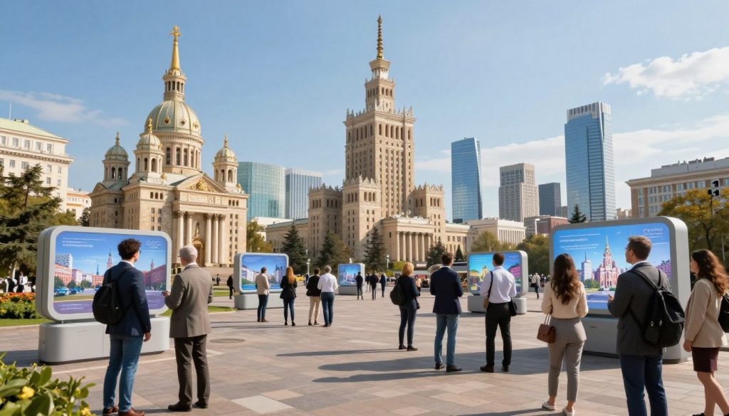 A futuristic depiction of Ukrainian architectural landmarks in 2026, showcasing innovative AR technology. In the foreground, a diverse group of tourists wearing professional business attire explore a vibrant outdoor space, engaging with augmented reality displays illuminating historical structures. The middle ground features iconic Ukrainian architecture, such as ornate cathedrals and modern skyscrapers, blending traditional and contemporary designs. The background displays a bustling cityscape with clear blue skies, while soft sunlight casts harmonious shadows, enhancing the overall atmosphere of excitement and exploration. The scene should evoke curiosity and a sense of discovery, emphasizing the integration of technology and culture without any text or distractions.