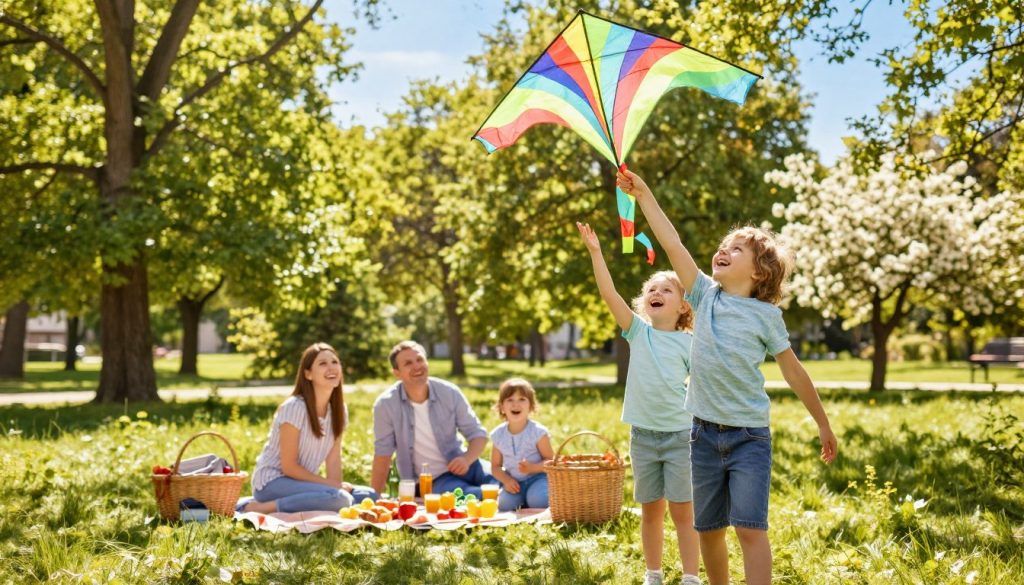 A joyful family enjoying a summer day outdoors in Ukraine. In the foreground, two children are playing with a colorful kite, their faces beaming with excitement, wearing casual summer clothes. The middle ground features parents watching nearby, surrounded by a picnic blanket filled with snacks and refreshments, exuding a relaxed and happy atmosphere. Behind them, a sun-dappled park landscape showcases lush green trees and blooming flowers under a bright blue sky. Soft, warm sunlight filters through the leaves, creating a cheerful and inviting ambiance. The scene captures the essence of family bonding and leisure, evoking a sense of joy and togetherness. The composition is shot at a slightly low angle to enhance the vibrancy and connection among the family members, inviting viewers to feel the warmth of the moment.
