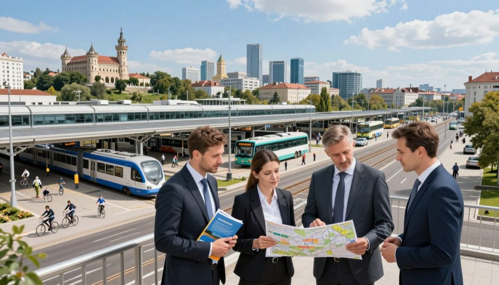 A modern, vibrant city skyline representing tourism development in Ukraine, with a focus on transportation logistics and economic growth. In the foreground, depict a diverse group of professionals in business attire discussing plans, with travel brochures and maps, symbolizing collaboration. The middle ground features bustling transport hubs: a train station with modern trains, buses, and cyclists, illustrating connectivity. In the background, a picturesque landscape of famous Ukrainian landmarks, like castles and natural parks, under bright blue skies. Soft, natural lighting creates an optimistic atmosphere, captured from a slightly elevated angle to give a comprehensive view of the interplay between logistics and tourism in a developing infrastructure.