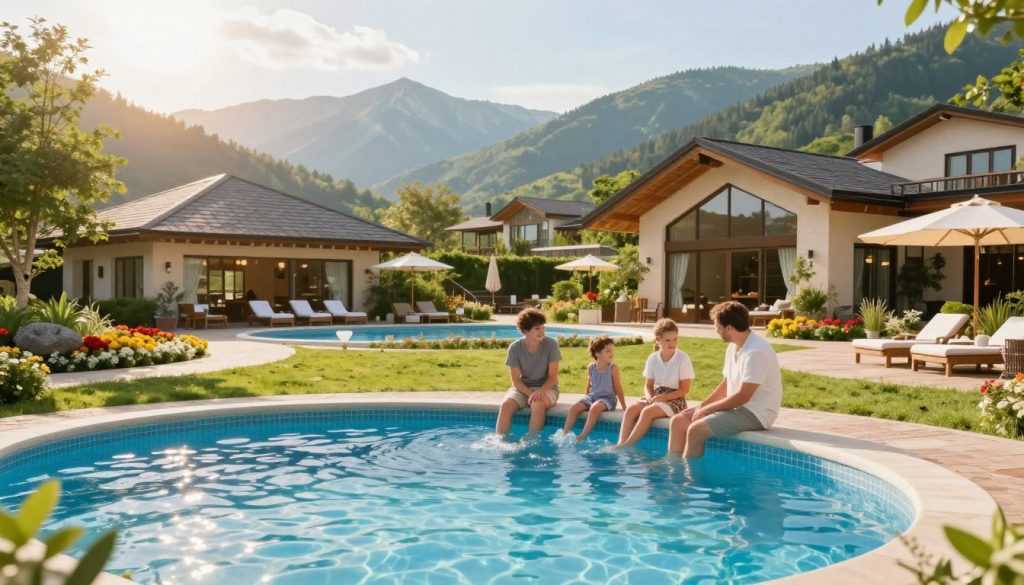 A picturesque scene illustrating a family-friendly resort in Ukraine for 2026, focusing on vibrant greenery and scenic mountains in the background. In the foreground, a family of four enjoys a relaxing moment near a sparkling pool, dressed in modest casual clothing. The middle ground features a well-designed spa and wellness center with modern architecture, surrounded by colorful flowers and pathways. Soft, golden sunlight bathes the scene, creating a warm and inviting atmosphere. The image should convey a sense of tranquility and joy, highlighting the beauty of leisure time together in nature. Use a wide-angle lens to capture the expanse of the resort, ensuring a bright and cheerful composition.