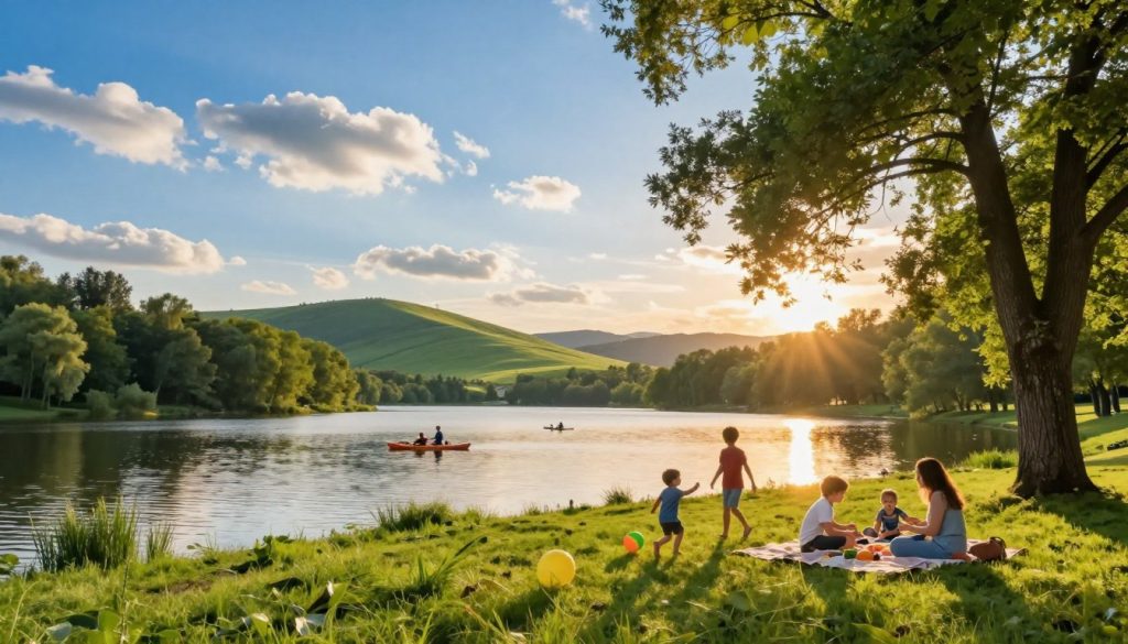 A picturesque scene of Shatsk Lakes, showcasing its natural beauty and family-friendly atmosphere. In the foreground, a serene lake is surrounded by lush green grass, with families enjoying a picnic under the shade of tall trees. Children play with a ball nearby, laughing and running. In the middle ground, the shimmering waters reflect the bright blue sky, dotted with fluffy white clouds. Recreational activities like kayaking and fishing can be seen, emphasizing leisure and bonding. The background features gentle rolling hills adorned with rich greenery and a vibrant sunset casting warm golden hues over the landscape. The mood is tranquil and joyful, evoking a sense of peace and togetherness. The image is captured with soft, natural lighting and a wide-angle perspective to encompass the beauty of this idyllic setting.