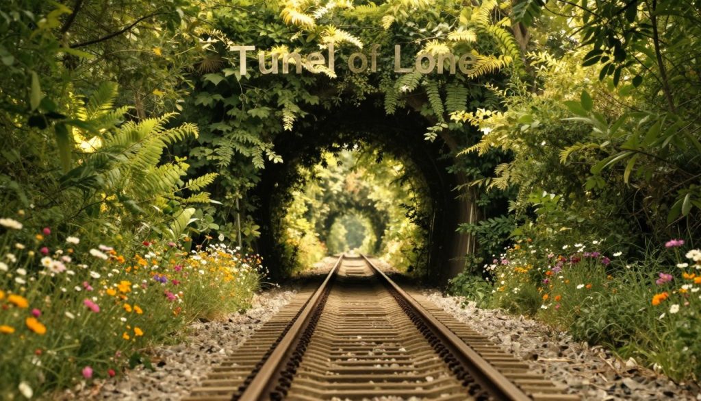 A picturesque scene of the "Tunnel of Love," an enchanting railway surrounded by lush green foliage and vibrant flowers creating a natural archway. In the foreground, delicate wildflowers bloom along the train tracks, leading the eye deeper into the tunnel. The middle ground features the train tracks disappearing into the soft green canopy, adorned with dappled sunlight filtering through the leaves, creating a magical atmosphere. In the background, the foliage thickens, enhancing the sense of mystery and romance. The overall mood is serene and dreamy, evoking inspiration. The image is captured with a wide-angle lens, emphasizing the depth of the tunnel, with warm, soft lighting to enhance the romantic feel. The scene is free of people, inviting viewers to imagine their own stories.