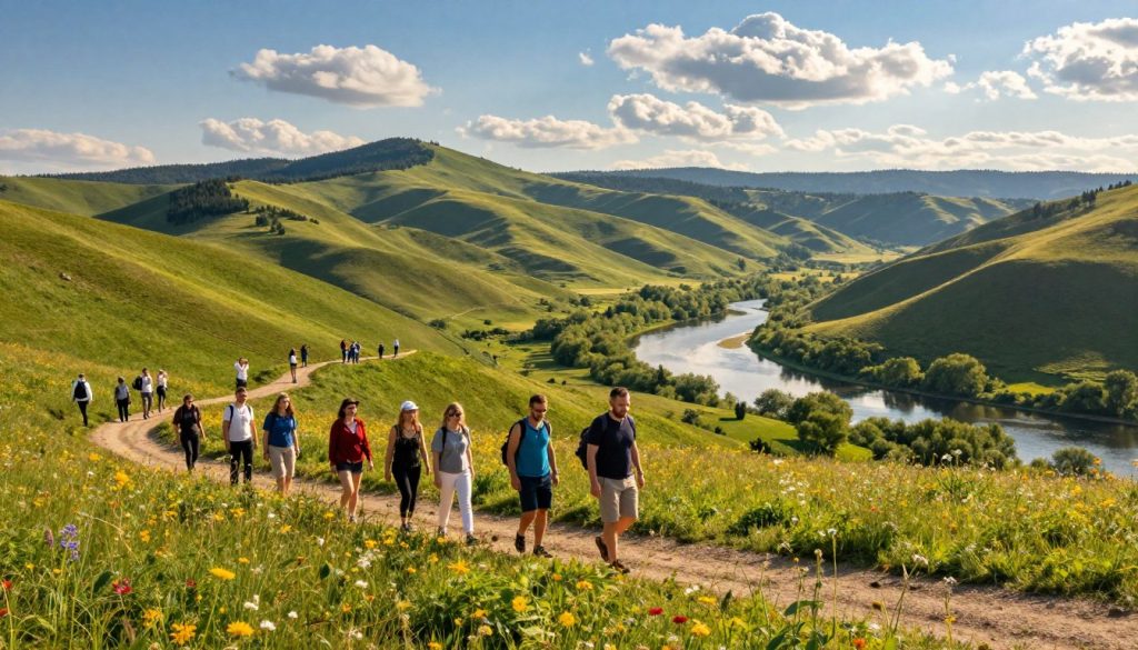 A picturesque Ukrainian landscape showcasing the beauty of nature and active tourism in 2026. In the foreground, feature a diverse group of travelers in modest casual clothing, enjoying a guided nature walk on a scenic trail surrounded by lush greenery and vibrant wildflowers. In the middle ground, highlight a breathtaking view of rolling hills, with a winding river reflecting the sunlight. Add tourists engaging in activities like birdwatching and photography. In the background, include majestic mountains under a clear blue sky, with fluffy white clouds casting soft shadows. The lighting should be warm and inviting, suggesting a sunny day, with a focus on capturing the tranquility and beauty of Ukraine's natural environment. The atmosphere should feel vibrant yet peaceful, emphasizing exploration and connection with nature.