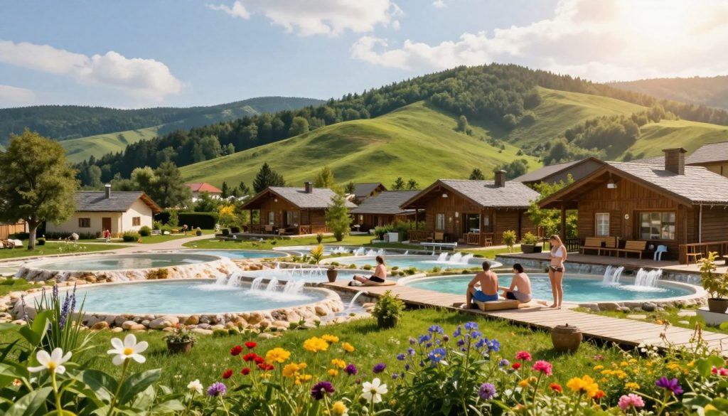 A picturesque view of a mineral and balneological resort in Ukraine, showcasing lush green surroundings and vibrant flowers in the foreground. The middle ground features elegantly designed spa facilities with natural mineral water springs and guests in modest, casual clothing enjoying the serene environment. The background highlights the rolling hills and verdant forest typical of Ukraine's scenic landscapes under a bright, sunny sky, casting warm, soft light throughout the scene. The mood is tranquil and inviting, capturing the essence of relaxation and wellness. The composition is slightly angled to emphasize the natural beauty and harmony of the resort, with a clear focus on the peaceful ambiance.