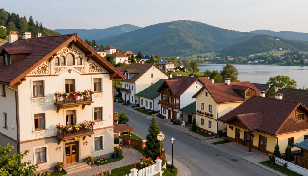 A picturesque view of a variety of hotels and accommodations in Ukraine, showcasing a blend of modern and traditional Ukrainian architecture. In the foreground, feature a charming boutique hotel with ornate detailing and flower-filled balconies. The middle ground should display a vibrant street lined with diverse lodging options, including cozy guesthouses and luxurious resorts, attracting tourists with welcoming entrances. In the background, illustrate the scenic beauty of Ukraine, perhaps the Carpathian Mountains or a serene lake, emphasizing natural landscapes. Use warm golden hour lighting to create an inviting atmosphere, with soft shadows enhancing the details. Capture the essence of a travel guide, inviting and informative, with a focus on beauty and comfort.