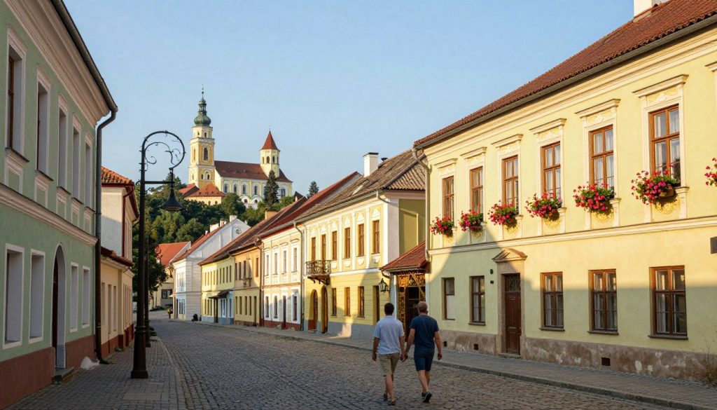 A picturesque view of historical corners of Ukraine, showcasing an idyllic old cobblestone street lined with charming historical buildings, under soft golden sunlight. In the foreground, a couple dressed in modest casual clothing strolls hand in hand, exploring the area. The middle ground features ornate architecture with vibrant flowers blooming in window boxes. A distant silhouette of an ancient castle or church can be seen against a clear blue sky. The atmosphere is serene and inviting, evoking a sense of discovery and cultural richness. Capture this scene with a slightly elevated angle to encompass both the quaint charm of the street and the majestic historical backdrop, creating a warm and nostalgic mood.