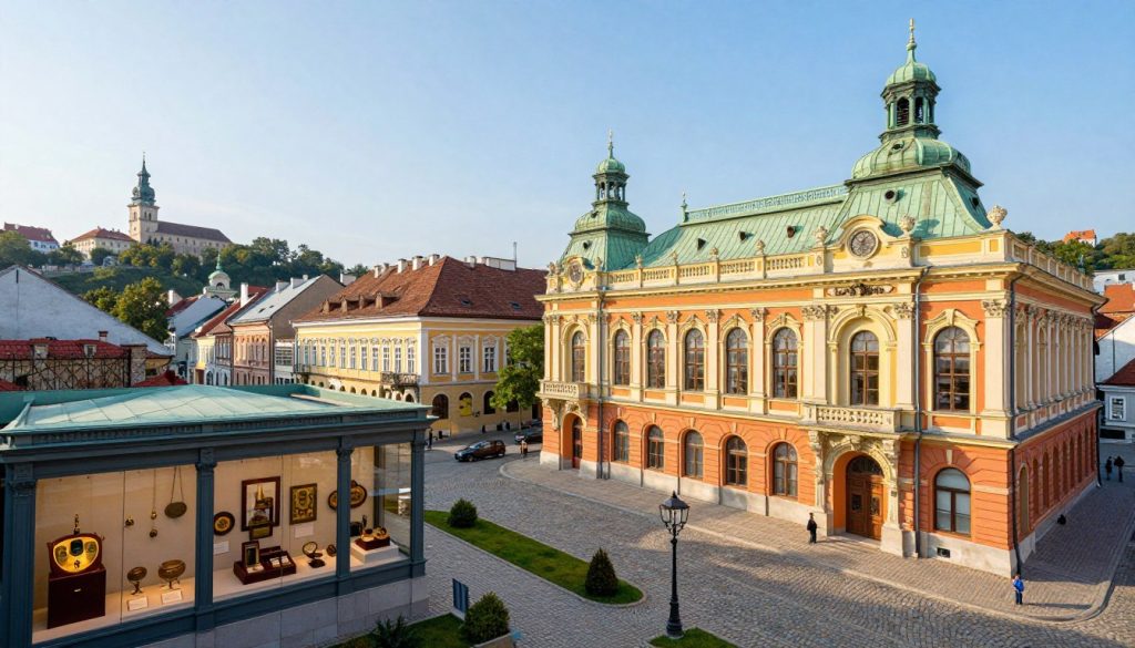 A picturesque view of the best museums in Lviv, Ukraine, showcasing their unique architectural styles. In the foreground, highlight intricate details of the exhibits, such as unique artifacts and historical items inside a museum. The middle ground features the grandeur of the Lviv National Art Gallery and the Lviv Historical Museum, with their ornate facades and vibrant colors. The background captures the Lviv cityscape, with its charming cobblestone streets and iconic landmarks under a clear blue sky. Soft, natural lighting creates an inviting atmosphere, while a wide-angle lens emphasizes the depth of the scene. This composition evokes a sense of cultural richness and invites viewers to explore these top destinations for 2026.