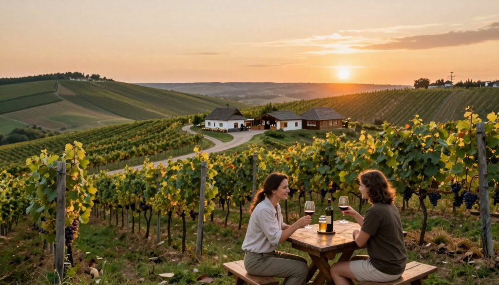 A picturesque vineyard landscape in Ukraine during the golden hour, showcasing unique wine tours. In the foreground, a couple dressed in modest casual clothing enjoys a wine tasting at a rustic wooden table, surrounded by vibrant grapevines laden with ripe grapes. In the middle, a winding path leads through rolling hills, dotted with traditional Ukrainian architecture and small tasting rooms, inviting exploration. The background features a stunning sunset, casting warm hues over the scene, with gentle hills and expansive vineyards stretching into the distance. The atmosphere is serene and inviting, reflecting a sense of discovery and appreciation for the rich wine culture of Ukraine in 2026. Soft, natural lighting enhances the idyllic setting, captured with a wide-angle lens to encapsulate the beauty of the landscape.