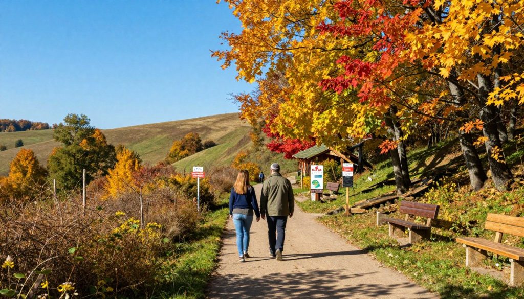 A picturesque walking trail in Ukraine, showcasing vibrant autumn foliage with golden and red leaves under a clear blue sky. In the foreground, a couple dressed in modest casual clothing strolls hand in hand along a well-marked path. The middle of the scene features a variety of local flora, including wildflowers and shrubs, creating a lush, inviting landscape. In the background, gently rolling hills fade into the horizon, dotted with rustic wooden benches and informational signs about the trail's features. The sunlight filters through the trees, producing dappled shadows on the ground, evoking a serene and peaceful atmosphere, perfect for leisurely exploration in 2026.