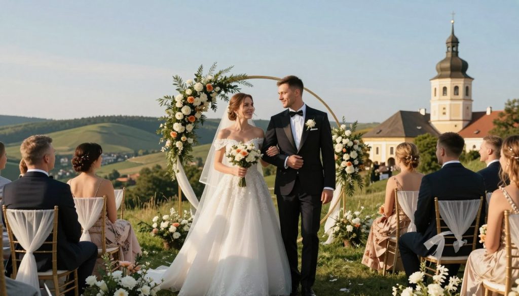 A picturesque wedding tourism scene set in Ukraine, showcasing a beautiful outdoor ceremony. In the foreground, a stylish couple in elegant wedding attire stands together, exuding joy and commitment. The middle ground features a scenic view of a Ukrainian landscape, with rolling hills and historic architecture, adorned with floral arrangements that symbolize romance and celebration. In the background, a clear blue sky enhances the atmosphere, while soft, warm sunlight bathes the scene, creating a dreamy ambiance. The composition captures an inviting and upscale vibe, indicative of wedding tourism trends. Shot with a warm color palette, the image conveys a sense of elegance and potential in the wedding tourism market.