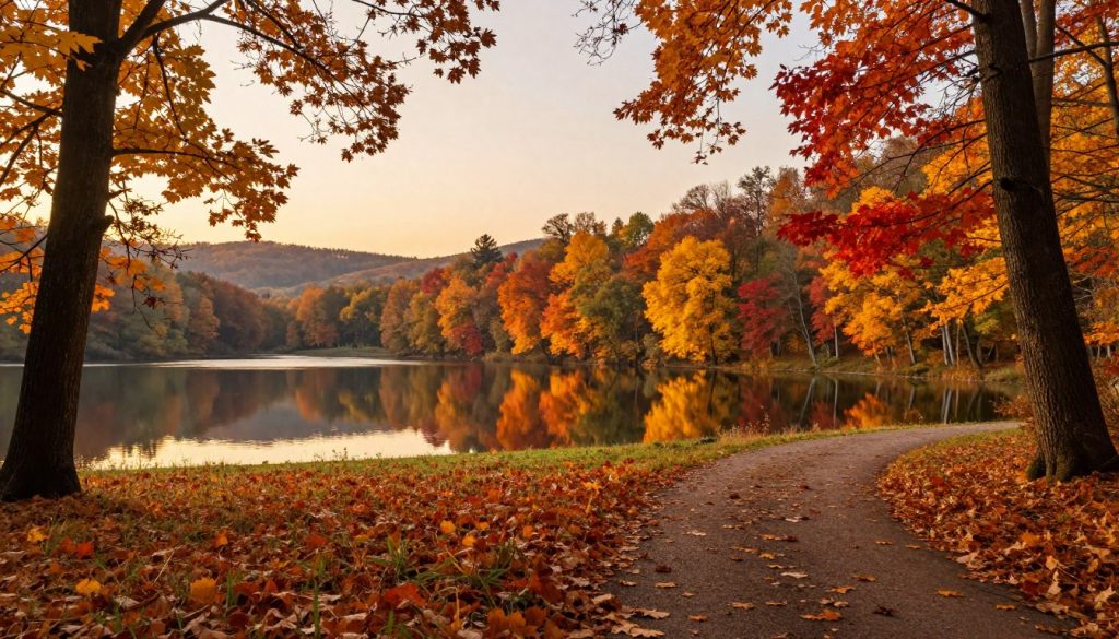 A serene autumn landscape in a Ukrainian national park, showcasing vibrant fall foliage with a mix of golden, orange, and red leaves. In the foreground, a tranquil path covered with fallen leaves invites viewers to explore. The middle ground features a peaceful lake reflecting the colorful trees, while soft hills rise gently in the background, touched with the warm hues of sunset. The scene is bathed in soft, golden lighting, creating a cozy and inviting atmosphere, perfect for active relaxation. Capture the essence of autumn with a wide-angle lens to emphasize the expansive landscape, enhancing the feeling of tranquility and connection to nature.