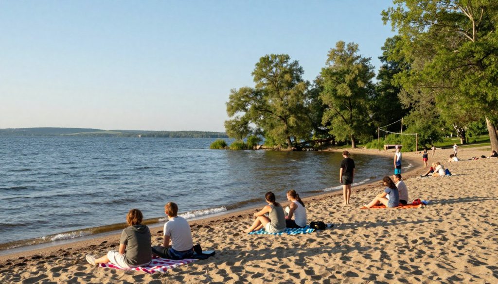 A serene beach scene featuring the picturesque lakes of Ukraine on a sunny day. In the foreground, a group of people in modest casual clothing are enjoying a relaxing moment by the water’s edge, some lounging on colorful beach towels, while others engage in light activities like beach volleyball or picnicking. The middle ground showcases gentle waves lapping at the shore, with vibrant green trees lining the lake, creating a tranquil atmosphere. In the background, a hazy outline of distant hills and a clear blue sky enhances the idyllic landscape. The lighting is soft and warm, suggesting an early evening glow. Capture a sense of peace and leisure, inviting viewers to imagine themselves in this delightful retreat.