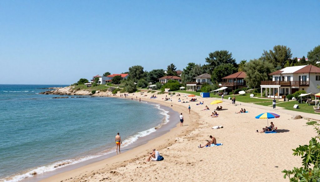 A serene coastal view of the Arabat Spit resorts, showcasing the vibrant beach life and healing mineral springs. In the foreground, a scenic sandy beach with gentle waves, people in modest casual clothing enjoying the sun, and colorful beach umbrellas. The middle ground features lush greenery and well-maintained paths leading to cozy spa resorts that emphasize wellness and relaxation. In the background, a clear blue sky meets the horizon over the azure waters of the Sea of Azov, conveying a tranquil atmosphere. The lighting is bright and inviting, reminiscent of a sunny day, while the angle captures a wide panoramic view that highlights the beauty and charm of this popular Ukrainian destination.