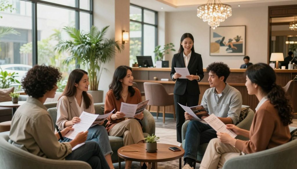 A serene hotel lobby filled with natural light streaming through large windows, showcasing modern but cozy furnishings. In the foreground, a diverse group of visitors, dressed in smart casual attire, engages in animated discussions while reviewing hotel brochures and sharing experiences. Their expressions are friendly and welcoming. In the middle, a receptionist assists a guest, offering a warm smile. Background elements include lush indoor plants, tasteful artwork on the walls, and a sparkling chandelier that adds elegance. The atmosphere is vibrant yet soothing, evoking a sense of comfort and satisfaction in the hotel experience. Soft, diffused lighting enhances the inviting ambiance, captured from a slightly elevated angle to encompass the scene.