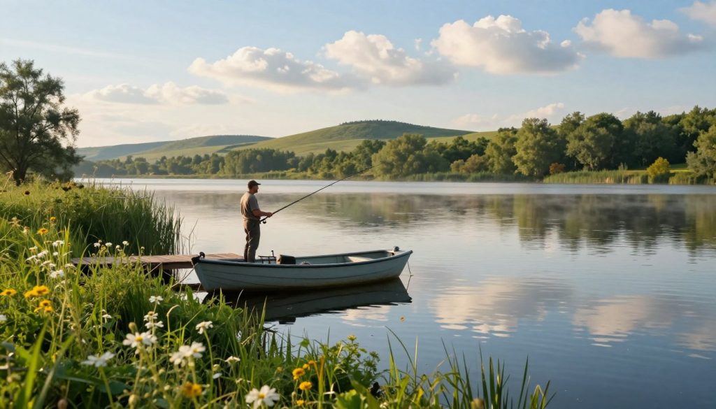 A serene lakeside scene in Ukraine during the fishing prohibition season of 2026. In the foreground, a calm body of water reflects the gentle light of early morning, surrounded by lush greenery and blooming wildflowers. A small, respectful fishing boat is tethered at a dock, emphasizing the concept of restraint in fishing practices. In the middle ground, a fisherman in modest casual clothing stands thoughtfully, holding a fishing rod. In the background, rolling hills under a bright blue sky with fluffy clouds convey a sense of peace, suggesting the connection between nature and responsible conservation. The overall atmosphere is tranquil and reflective, illuminated by soft, natural lighting that enhances the sense of harmony with nature. A serene lakeside scene in Ukraine during the fishing prohibition season of 2026. In the foreground, a calm body of water reflects the gentle light of early morning, surrounded by lush greenery and blooming wildflowers. A small, respectful fishing boat is tethered at a dock, emphasizing the concept of restraint in fishing practices. In the middle ground, a fisherman in modest casual clothing stands thoughtfully, holding a fishing rod. In the background, rolling hills under a bright blue sky with fluffy clouds convey a sense of peace, suggesting the connection between nature and responsible conservation. The overall atmosphere is tranquil and reflective, illuminated by soft, natural lighting that enhances the sense of harmony with nature.