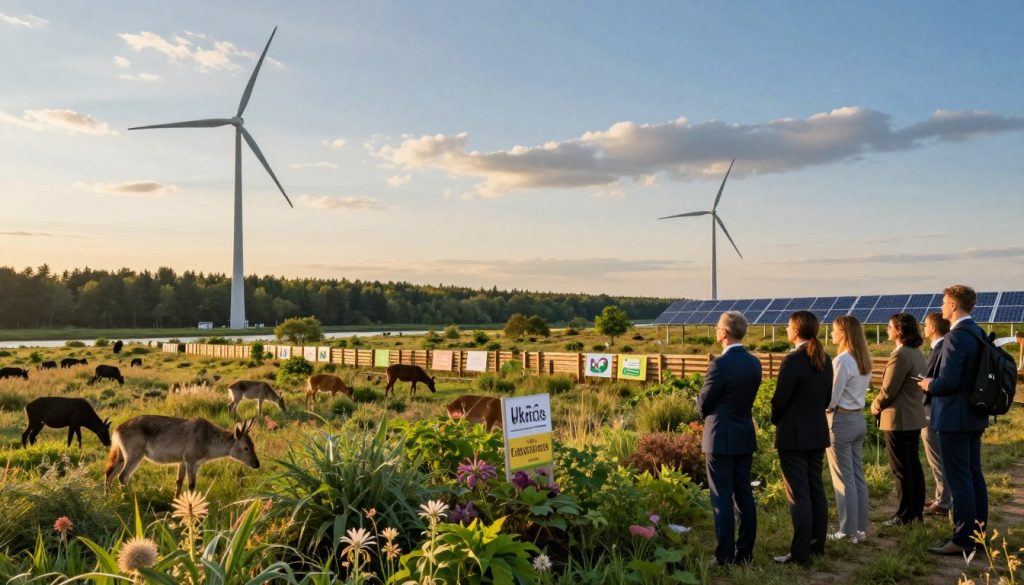 A serene landscape depicting the impact of ecological programs and legislative measures on wildlife in Ukraine by 2026. In the foreground, a lush, diverse habitat features native plants and animals, symbolizing biodiversity. A group of professional individuals, dressed in business attire, is seen observing wildlife, representing a commitment to conservation. In the middle ground, visualize a mix of protective barriers like signs and small fences, along with renewable energy sources such as wind turbines and solar panels integrated into the landscape. The background showcases a vibrant sky at golden hour, casting warm light on the scene, with a distant view of a thriving forest and river, hinting at a balanced coexistence between nature and human efforts. The overall mood is hopeful, emphasizing collaboration for environmental sustainability.