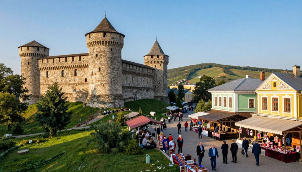 A serene landscape showcasing diverse historical and cultural landmarks of Ukraine. In the foreground, an ancient stone castle stands majestically, displaying intricate architectural details and surrounded by lush greenery. In the middle ground, a vibrant marketplace bustles with modestly dressed visitors, clad in professional attire, exploring artisanal crafts and local cuisine. Colorful traditional buildings with ornate facades are visible alongside the market. In the background, rolling hills and a clear blue sky contribute to a cheerful atmosphere. Soft, warm sunlight casts gentle shadows, enhancing the depth of the scene. Capture this moment from a slightly elevated angle for a broad perspective, inviting the viewer into the rich cultural heritage of Ukraine.