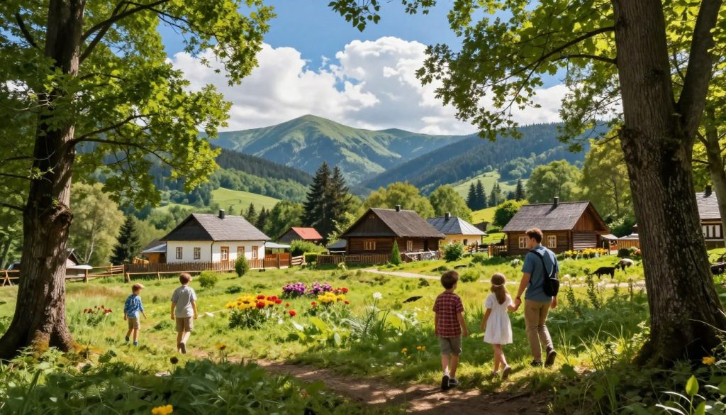 A serene landscape showcasing the diverse beauty of Ukraine's internal tourism and eco-travel trends. In the foreground, a family dressed in modest casual clothing happily explores a lush, vibrant forest. In the middle ground, a picturesque village with traditional architecture and colorful flowers promotes local culture. In the background, the majestic Carpathian Mountains rise under a bright blue sky, dotted with fluffy white clouds. The sunlight filters through the trees, creating dappled patterns on the ground. The mood is joyful and inspiring, emphasizing a connection to nature and the preservation of wildlife. Shot with a wide-angle lens to capture the expansive landscape, enhancing the warmth and tranquility of the scene.