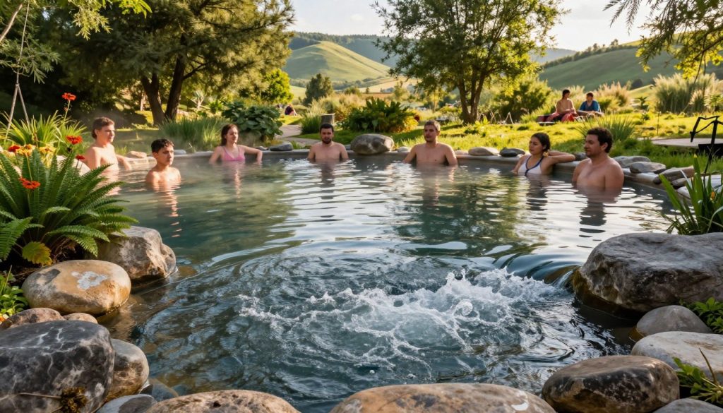 A serene natural thermal spring in Ukraine, surrounded by lush greenery and gently flowing water, reflecting a tranquil atmosphere. In the foreground, clear water bubbles up from the earth, framed by smooth stones and vibrant flora. The middle ground features visitors in modest casual clothing enjoying the healing waters, as they relax and unwind, their expressions serene and content. In the background, a picturesque landscape of rolling hills and soft sunlight filters through the trees, casting dappled shadows on the ground. The scene conveys a mood of tranquility and rejuvenation, captured in soft, warm lighting, with a slightly elevated angle to showcase both the beauty of the spring and the nature surrounding it.