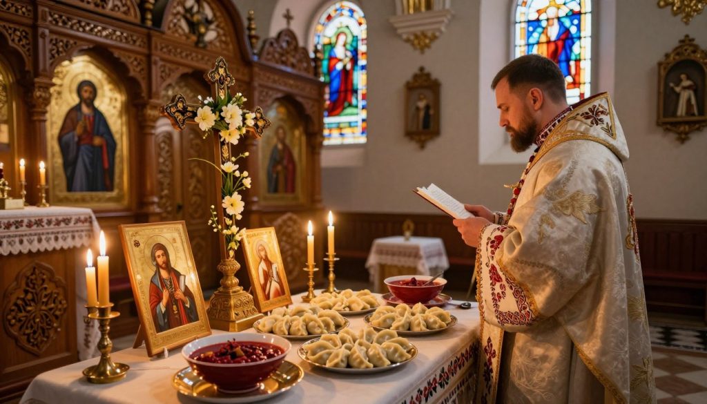 A serene Orthodox church interior, softly illuminated by candles, radiating a warm golden glow. In the foreground, a table adorned with traditional Ukrainian dishes, such as borsch and varenyky, symbolizing the preparation for Lent. A priest in modest, traditional attire, deep in prayer, stands at the altar. In the middle ground, delicate icons and a cross decorated with spring flowers remind of the spiritual journey. The walls are lined with intricate wood carvings that reflect Ukrainian folk art. In the background, a stained glass window casts colorful light, enhancing the spiritual atmosphere. The overall mood conveys reverence, contemplation, and cultural heritage, inviting viewers to connect with the traditions surrounding the Great Lent.