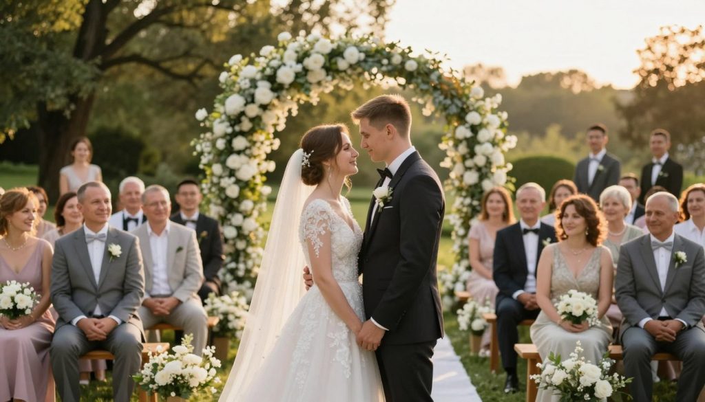 A serene outdoor wedding ceremony scene, featuring a beautifully decorated arch with white flowers and greenery as the focal point. In the foreground, a couple stands together, dressed in elegant wedding attire, smiling lovingly at each other. The middle ground showcases guests seated on wooden benches, all dressed in smart casual clothing, with soft pastel decorations surrounding them. In the background, a lush garden setting is visible, bathed in warm golden hour sunlight that creates a romantic atmosphere. The composition is captured with a shallow depth of field, focusing on the couple while slightly blurring the guests, enhancing the intimacy of the moment. The overall mood is joyful and enchanting, perfect for a destination wedding in Ukraine.