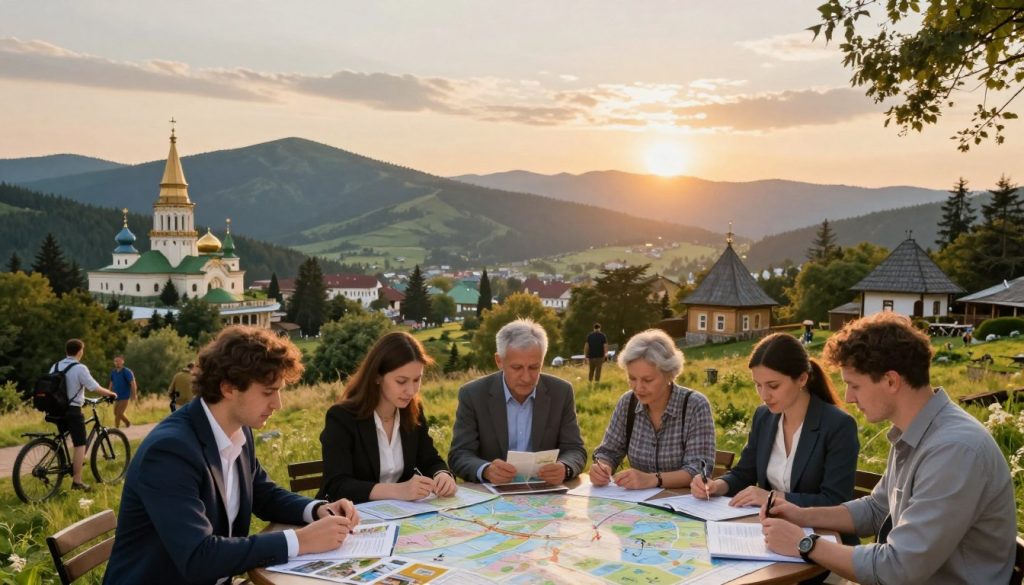 A serene, picturesque landscape of Ukraine featuring a variety of vacation excursions. In the foreground, a diverse group of people in professional business attire and modest casual clothing are engaged in planning their trips, with maps and brochures spread out on a table. In the middle ground, a scenic view shows iconic Ukrainian landmarks like the Carpathian Mountains and cultural sites, blended with outdoor activities such as hiking, cycling, and sightseeing. In the background, the sun sets, casting a warm golden glow across the landscape, while lush greenery and traditional architecture evoke a sense of adventure and relaxation. The atmosphere is inviting and lively, reflecting the excitement of discovering new experiences.