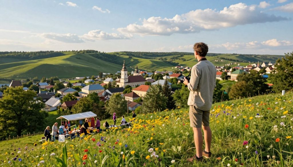 A serene solo traveler exploring a picturesque Ukrainian landscape, standing on a lush green hillside overlooking a historic town with charming architecture. In the foreground, the traveler is dressed in a comfortable, modest casual outfit, holding a camera and gazing at the scenery. In the middle ground, vibrant wildflowers bloom, and local artisans can be seen in colorful markets, showcasing handmade crafts. The background features rolling hills with lush greenery and a bright blue sky with soft, wispy clouds. The atmosphere is peaceful and inviting, with warm, natural lighting casting a golden glow, capturing the essence of innovative travel experiences and personalized tours in Ukraine by 2026. Aim for a wide-angle shot to emphasize the breathtaking landscape.