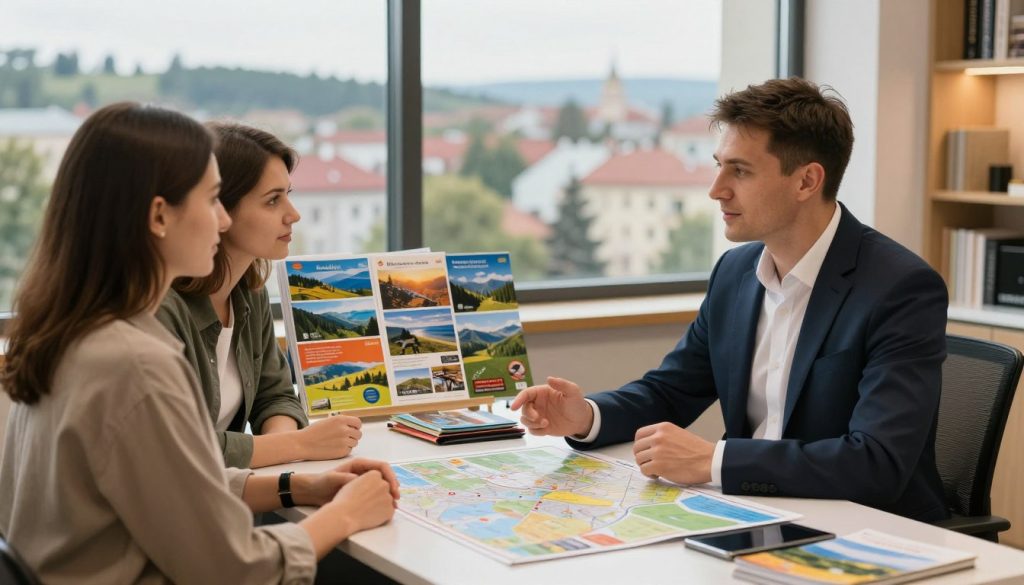 A serene travel consultation setting featuring an expert in professional attire, sitting at a sleek desk with maps and brochures of beautiful Ukrainian landscapes like the Carpathians and the Black Sea nearby. In the foreground, the expert is engaging with a couple dressed in modest, casual clothing, discussing various tour options. In the middle ground, a colorful display of travel brochures is showcased, highlighting different tour themes such as adventure, culture, and tranquility. The background features a large window revealing a picturesque Ukrainian cityscape under soft, warm lighting, creating an inviting and informative atmosphere. The scene exudes a sense of professionalism and trust, reflecting expert recommendations for choosing the perfect tours in Ukraine for 2026.