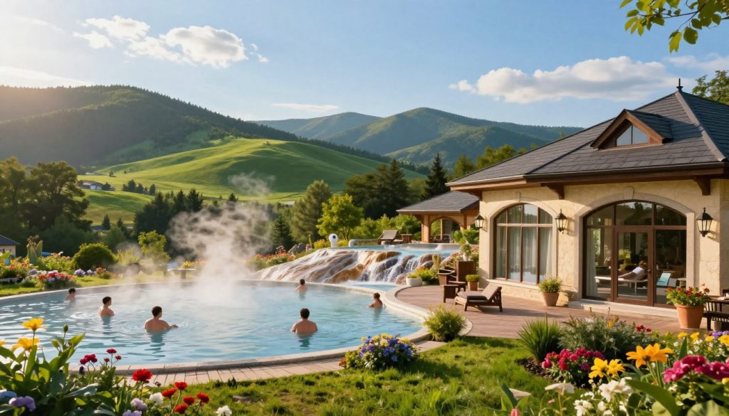 A serene view of mineral and thermal resorts in Ukraine, showcasing a vibrant landscape filled with lush greenery and rolling hills. In the foreground, a beautifully designed spa with elegant architecture, featuring large glass windows that reflect natural light, surrounded by colorful flowers. The middle ground reveals a tranquil thermal pool with steaming water, where visitors in modest attire enjoy relaxation and wellness treatments. The background features mountains under a clear blue sky, with soft, golden sunlight casting a warm glow over the scene. The atmosphere conveys peace and rejuvenation, inviting viewers to experience nature’s healing powers in a luxurious setting.