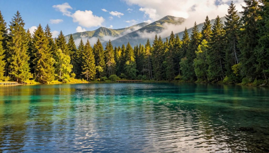 A serene view of Synevyr Lake nestled in the Carpathian Mountains of Ukraine, portraying the lake's crystal-clear turquoise waters surrounded by lush, dense coniferous forests. In the foreground, gentle ripples create a dynamic texture on the water's surface, reflecting the vibrant greens and the sky above. The middle ground features a small wooden pier leading out into the lake, perfect for capturing the serene atmosphere. In the background, majestic, towering mountains shrouded in soft mist under a bright blue sky dotted with wispy clouds. The scene is illuminated by warm, golden sunlight filtering through the trees, creating a tranquil and inviting mood. A wide-angle view captures the breathtaking natural beauty, with an emphasis on harmony and untouched wilderness.