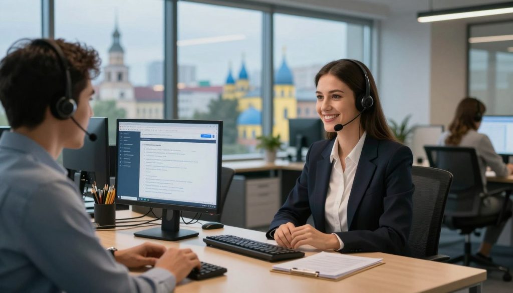 A sleek, modern office setting featuring a professional customer support desk illuminated by soft, warm lighting. In the foreground, a friendly support agent in business attire is engaging with a customer, showing attentiveness and readiness to assist. The middle ground includes a high-tech computer setup displaying customer inquiries and contact information on the screen, emphasizing the theme of customer service. In the background, large windows reveal a panoramic view of a vibrant Ukrainian cityscape, highlighting cultural landmarks. The atmosphere is one of approachability and efficiency, with a focus on professionalism and support in a bustling environment. The overall color palette is inviting, combining cool blues and warm yellows to create a welcoming mood.