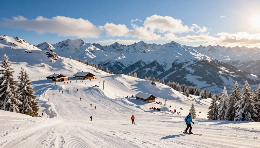 A stunning alpine landscape featuring ski slopes with varying difficulty levels, showcasing dramatic elevation changes. In the foreground, well-groomed ski trails weave through snow-covered trees, with expert skiers navigating steep descents. The middle ground reveals a bustling ski resort with modern amenities, including a cozy lodge and bustling ski lifts. In the background, majestic snow-capped mountains rise dramatically against a bright blue sky, with soft, fluffy clouds drifting lazily. The scene is bathed in warm sunlight, casting long shadows and creating a crisp winter atmosphere. The perspective is wide-angle, capturing both the excitement of skiers and the tranquility of the surrounding nature, evoking a sense of adventure and allure in winter sports.