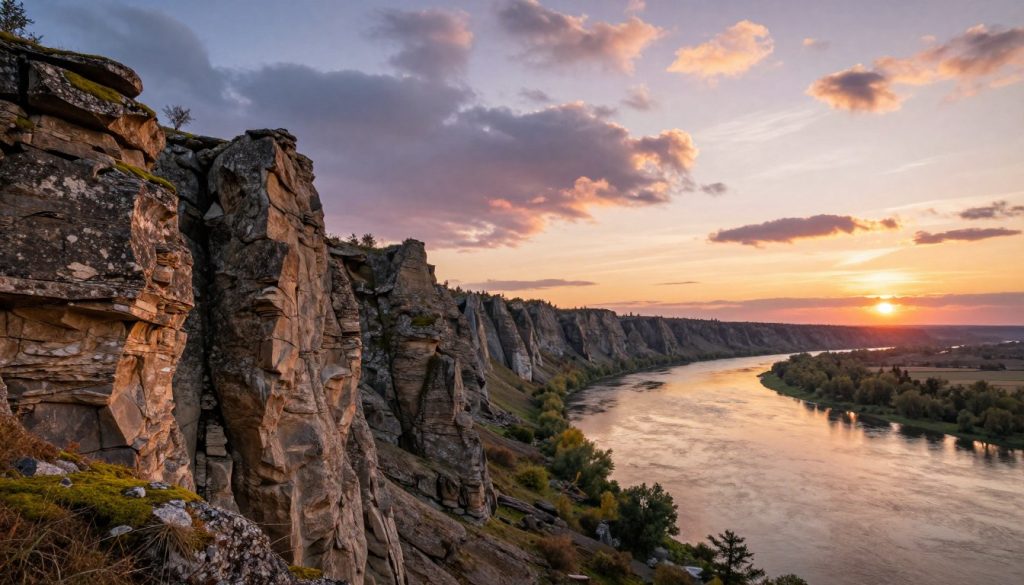 A stunning landscape featuring the majestic "скалы" of Ukraine, set in the foreground. These towering cliffs display intricate layers of rock, weathered textures, and vibrant moss clinging to their surfaces. In the middle ground, a serene river flows gently past the cliffs, reflecting the colors of a vivid sunset that bathes the scene in golden and rosy hues. The background reveals a broad sky, dotted with fluffy clouds, creating a tranquil atmosphere. Use a wide-angle perspective to emphasize the grandeur of the cliffs and river. Soft lighting enhances the natural beauty, while the overall mood evokes a sense of adventure and exploration, perfect for showcasing one of Ukraine's unique natural wonders. A stunning landscape featuring the majestic "скалы" of Ukraine, set in the foreground. These towering cliffs display intricate layers of rock, weathered textures, and vibrant moss clinging to their surfaces. In the middle ground, a serene river flows gently past the cliffs, reflecting the colors of a vivid sunset that bathes the scene in golden and rosy hues. The background reveals a broad sky, dotted with fluffy clouds, creating a tranquil atmosphere. Use a wide-angle perspective to emphasize the grandeur of the cliffs and river. Soft lighting enhances the natural beauty, while the overall mood evokes a sense of adventure and exploration, perfect for showcasing one of Ukraine's unique natural wonders.