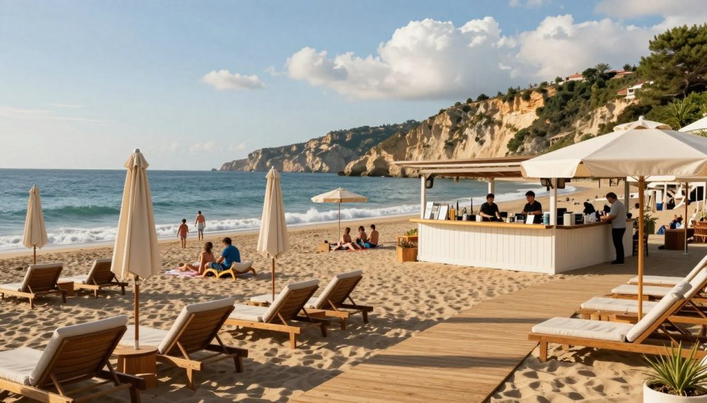 A vibrant beach infrastructure scene along the Black Sea, showcasing various aspects of resort services. In the foreground, there are well-maintained sun loungers and umbrellas, accompanied by a wooden boardwalk leading to the beach. The middle ground features a modern beach bar with friendly staff serving refreshments to visitors, while families and groups of friends enjoy leisurely activities. The background captures the serene sea with gentle waves, framed by picturesque coastal cliffs dotted with greenery. The lighting is warm and inviting, highlighting a sunny day with a few fluffy clouds in a blue sky. The mood is relaxed and cheerful, reflecting a bustling yet tranquil summer atmosphere.