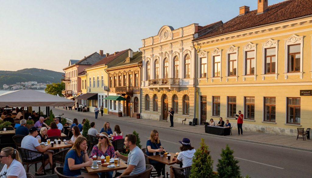 A vibrant cityscape featuring the enchanting streets of Lviv, Odessa, and Kamianets-Podilskyi, capturing the unique architectural styles of each city. In the foreground, beautifully adorned café terraces filled with tourists enjoying their drinks, and locals in stylish casual attire. The middle ground showcases stunning historical buildings with intricate facades, emphasizing their cultural heritage, while lively street musicians add to the atmosphere. In the background, soft rolling hills or a serene waterfront in Odessa provides a picturesque backdrop. Warm, golden hour lighting enhances the charm of the scene, with reflections shimmering off windows. The mood is inviting and joyous, reflecting the allure of these Ukrainian cities as prime tourist destinations. A vibrant cityscape featuring the enchanting streets of Lviv, Odessa, and Kamianets-Podilskyi, capturing the unique architectural styles of each city. In the foreground, beautifully adorned café terraces filled with tourists enjoying their drinks, and locals in stylish casual attire. The middle ground showcases stunning historical buildings with intricate facades, emphasizing their cultural heritage, while lively street musicians add to the atmosphere. In the background, soft rolling hills or a serene waterfront in Odessa provides a picturesque backdrop. Warm, golden hour lighting enhances the charm of the scene, with reflections shimmering off windows. The mood is inviting and joyous, reflecting the allure of these Ukrainian cities as prime tourist destinations.