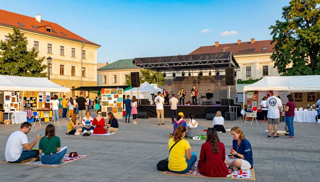 A vibrant cultural scene showcasing a variety of creative venues in Ukraine. In the foreground, a lively outdoor festival with diverse groups of people in colorful, modest casual clothing engaging in artistic activities, such as painting and music. The middle ground features an open-air stage with musicians performing, surrounded by art installations and tents displaying crafts. In the background, historic architecture stands under a bright blue sky, hinting at Ukraine’s rich heritage. Soft, warm lighting enhances the joyous atmosphere, while a wide-angle perspective captures the bustling interactions and the harmonious blend of modern and traditional elements. The overall mood is festive and inclusive, highlighting the cultural diversity of the venues.