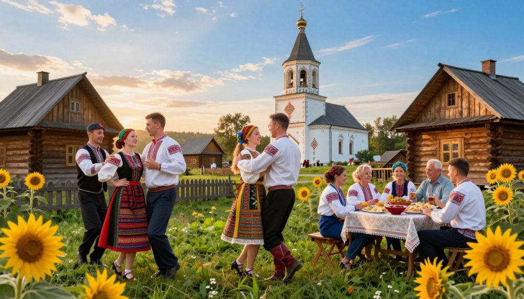 A vibrant depiction of Ukrainian traditions and folklore in 2026, featuring a picturesque village scene. In the foreground, a group of men and women in traditional Ukrainian attire engage in folk dancing, with colorful embroidered shirts and skirts. Rich greenery surrounds them, showcasing blooming sunflowers and rustic wooden huts. In the middle ground, families gather around a table filled with traditional dishes like borscht and varenyky, with laughter and joy evident on their faces. The background features a golden sunset casting warm, soft light over an old church with ornate decorations, framed by a clear blue sky. The atmosphere is festive and inviting, emphasizing a deep connection to heritage and community, evoking a sense of pride and celebration.