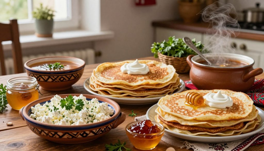 A vibrant display of traditional Ukrainian dishes for Maslenitsa week, showcasing a wooden table laden with stacks of golden, fluffy pancakes (blini) served with various toppings such as sour cream, jam, and honey. In the foreground, a beautifully crafted ceramic dish holds a rich filling of cottage cheese and herbs next to a steaming pot of borscht. The middle ground includes decorative elements like fresh herbs and traditional utensils, enhancing the cultural ambiance. In the background, soft, warm lighting filters through a window, casting a cozy glow over a rustic kitchen setting that emphasizes a sense of heritage and celebration. The overall atmosphere is inviting and festive, perfect for highlighting culinary masterpieces of Ukrainian tradition.