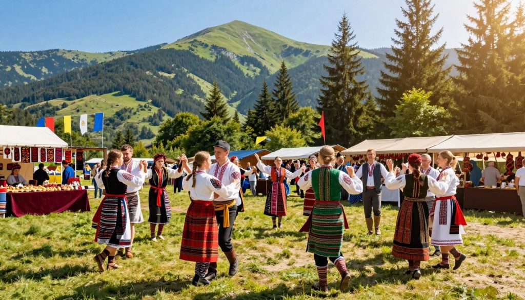 A vibrant festival scene set in the picturesque Carpathian Mountains during a sunny summer day. In the foreground, diverse groups of people dressed in colorful traditional attire engage in lively folk dancing and music, creating a sense of celebration. The middle ground features stalls with delicious local foods and handmade crafts, filled with people enjoying the festive atmosphere. In the background, majestic green mountains rise against a clear blue sky, interspersed with pine trees and occasional colorful flags fluttering in the breeze. Soft sunlight filters through the trees, casting warm, inviting shadows. The mood is joyous and festive, capturing the essence of exclusive cultural events in Ukraine, emphasizing tradition, community, and natural beauty. No text elements or any form of branding present.
