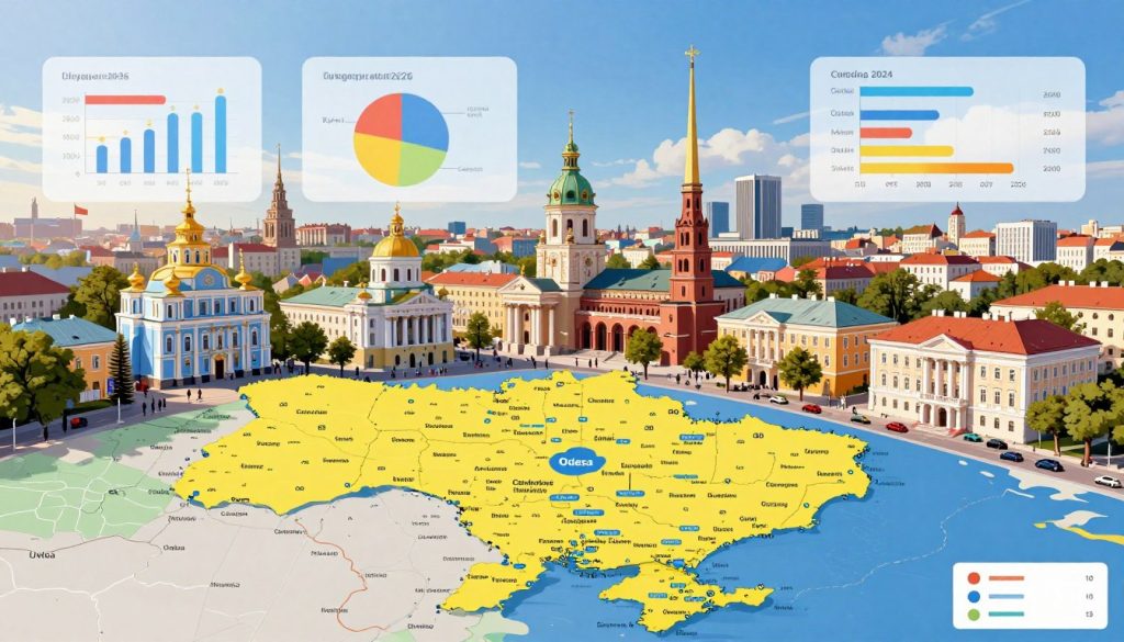 A vibrant illustration showcasing the top cities in Ukraine for traveling in 2026, highlighted by colorful charts and engaging cityscapes. In the foreground, a detailed map of Ukraine with notable cities marked, depicting their populations in a visually striking way. The middle ground features iconic landmarks from cities such as Kyiv, Lviv, and Odesa, blending historical architecture with modern elements, reflecting cultural richness. The background captures a clear blue sky, suggesting optimism and adventure, with soft sunlight illuminating the scene, enhancing the colors and depth. The mood is inviting and informative, aiming to inspire potential travelers with a sense of exploration and discovery.