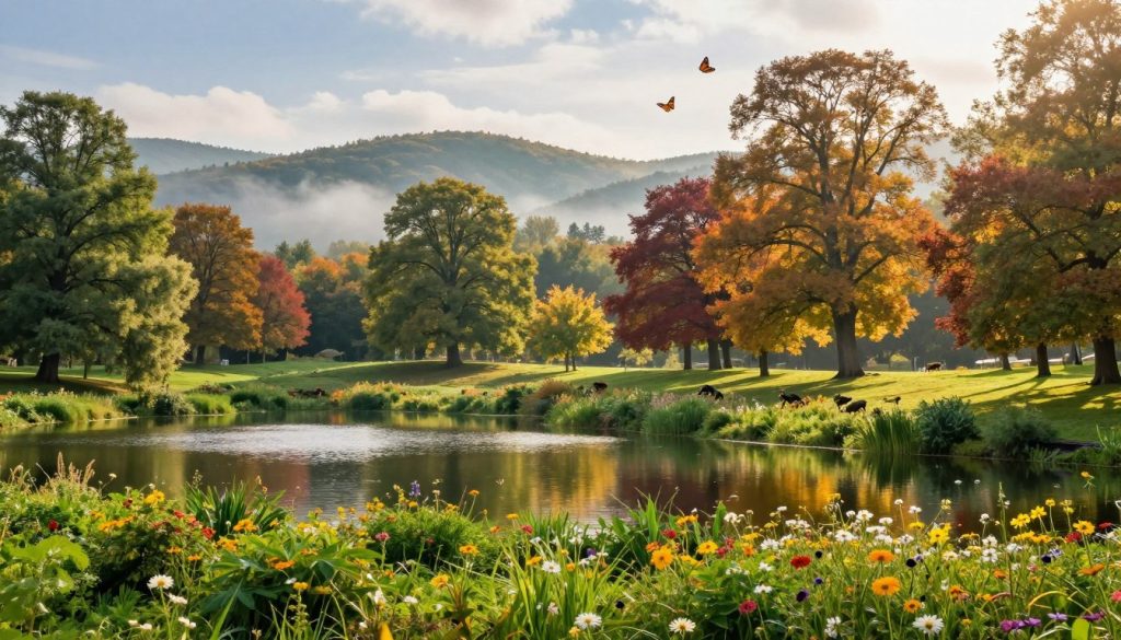 A vibrant natural park scene showcasing the serene beauty of Ukraine in 2026. In the foreground, a tranquil lake reflects the sky, surrounded by lush greenery and wildflowers in full bloom. The middle ground features a variety of majestic trees, displaying rich autumn colors, with butterflies fluttering around. In the background, rolling hills with a misty morning sky create depth. Soft sunlight breaks through the trees, casting dappled shadows on the ground, enhancing the peaceful atmosphere. The overall mood is one of tranquility and connection with nature, inviting viewers to immerse themselves in the beauty and relevance of natural parks. The scene is captured with a wide-angle lens to emphasize the expansive landscape and vibrant colors.