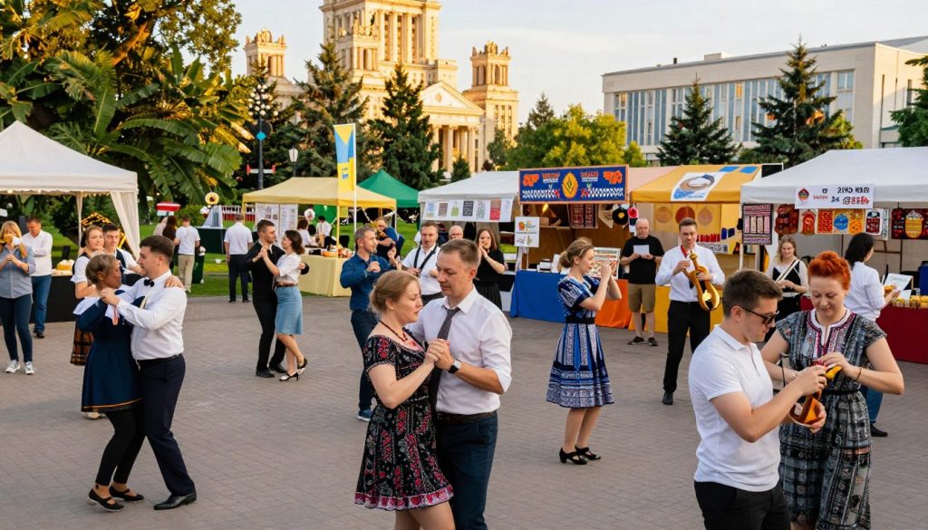 A vibrant outdoor scene capturing the essence of Ukraine's cultural events in summer 2026. In the foreground, groups of diverse people in professional business attire and modest casual clothing, joyfully engaging in various activities like dancing, painting, and playing musical instruments. The middle ground features colorful food stalls and art exhibits, showcasing local crafts and cuisine, surrounded by lush greenery. In the background, iconic Ukrainian architecture, such as grand cathedrals and modern cultural centers, sets an inspiring urban atmosphere. The scene is bathed in warm, golden sunlight, creating a festive, joyful mood. Shot at a slight angle to emphasize the hustle and bustle of this lively cultural celebration, evoking a sense of community and excitement.
