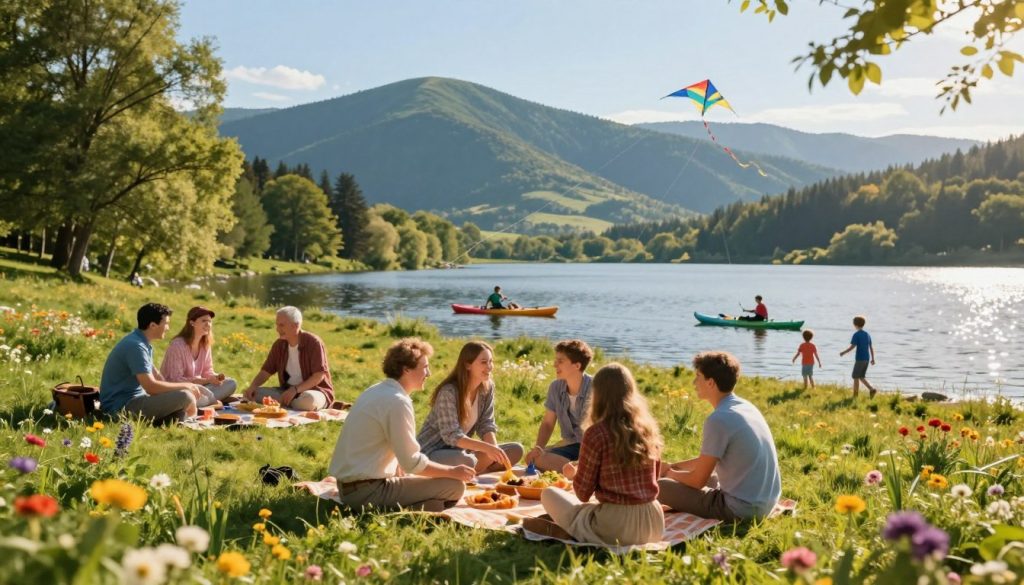 A vibrant outdoor scene showcasing diverse leisure activities in Ukraine for 2026. In the foreground, a group of happy people in modest casual clothing enjoys a picnic on a lush green hillside, surrounded by colorful wildflowers. The middle ground features a picturesque lakeside with families kayaking and children flying kites, showcasing the joy of outdoor adventures. In the background, majestic Carpathian Mountains rise under a clear blue sky, creating a serene atmosphere. Golden sunlight filters through the trees, casting soft shadows and enhancing the warm, inviting mood. The angle captures the essence of community and nature, embodying the spirit of leisure and fun in Ukraine.