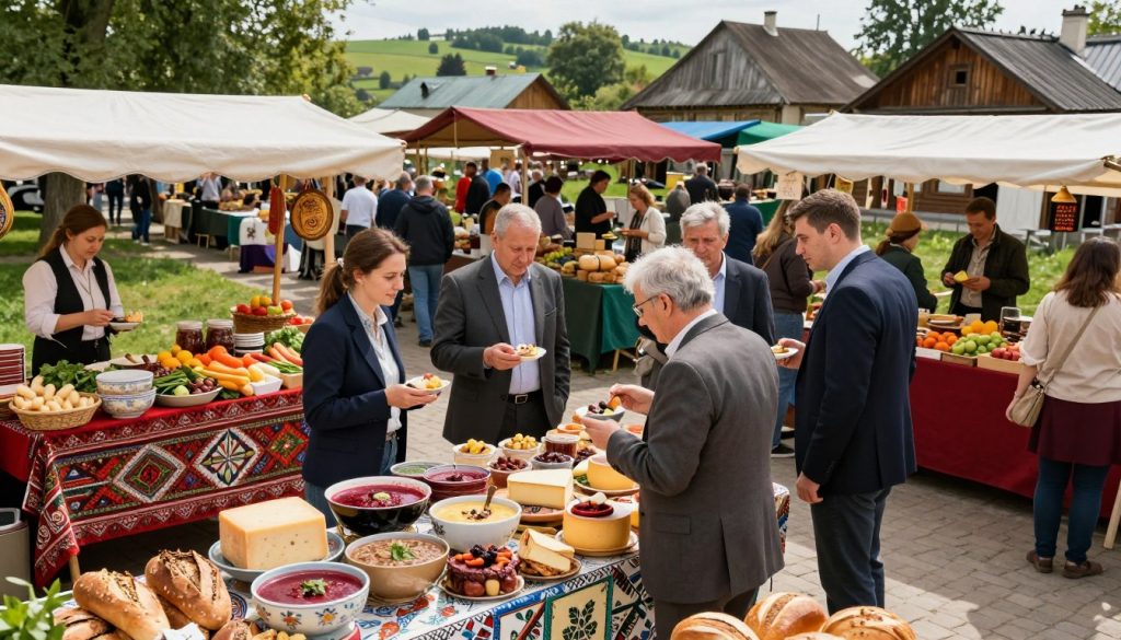 A vibrant scene depicting a bustling market for gastronomic excursions in Ukraine, showcasing colorful stalls filled with local delicacies like traditional borscht, handmade cheeses, and artisanal breads. In the foreground, a diverse group of people in professional business attire enthusiastically sampling food, engaged in conversation with local vendors. The middle layer features intricately designed food stalls adorned with fresh ingredients and regional specialties, while the background showcases a picturesque Ukrainian landscape with greenery and rustic buildings. The atmosphere is lively and inviting, with warm, natural lighting casting soft shadows. The composition is shot from a slightly elevated angle, creating depth and capturing the energy of this culinary marketplace.