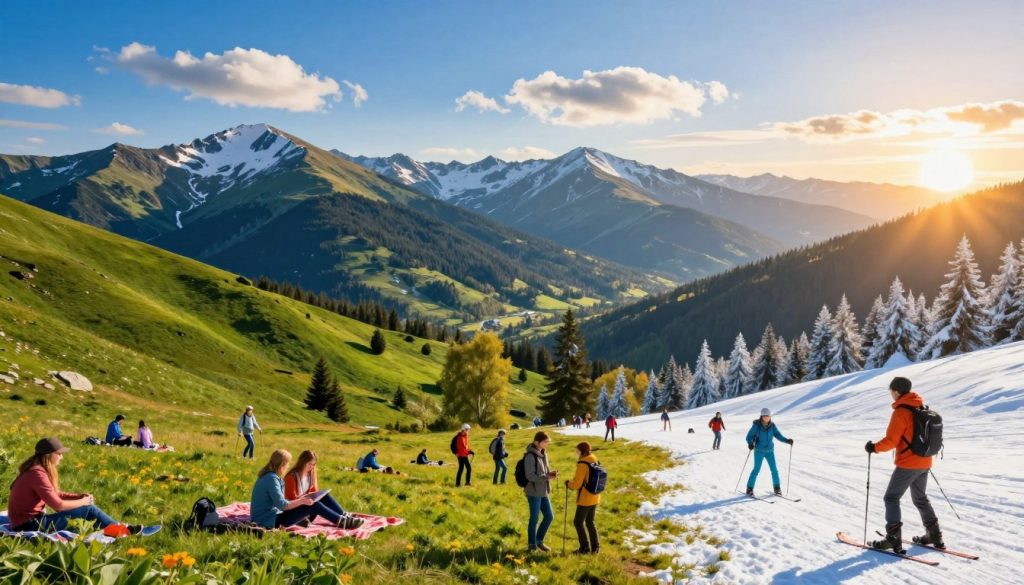 A vibrant scene illustrating summer and winter recreational opportunities in Ukraine. In the foreground, depict a sunny summer landscape with people enjoying outdoor activities like hiking and picnicking, dressed in modest casual clothing. The middle ground features a lush green valley leading to mountains, with bright blue skies and scattered white clouds. In contrast, include a winter scene on one side, showing a snowy landscape with individuals skiing and snowboarding, dressed warmly in winter attire. The background should showcase the Carpathian Mountains, with a picturesque sunrise casting a golden light on the snow-capped peaks and highlighting the duality of seasons. The atmosphere is lively and inviting, capturing the essence of diverse activities throughout the year. Use a wide-angle perspective to emphasize both seasonal activities harmoniously.