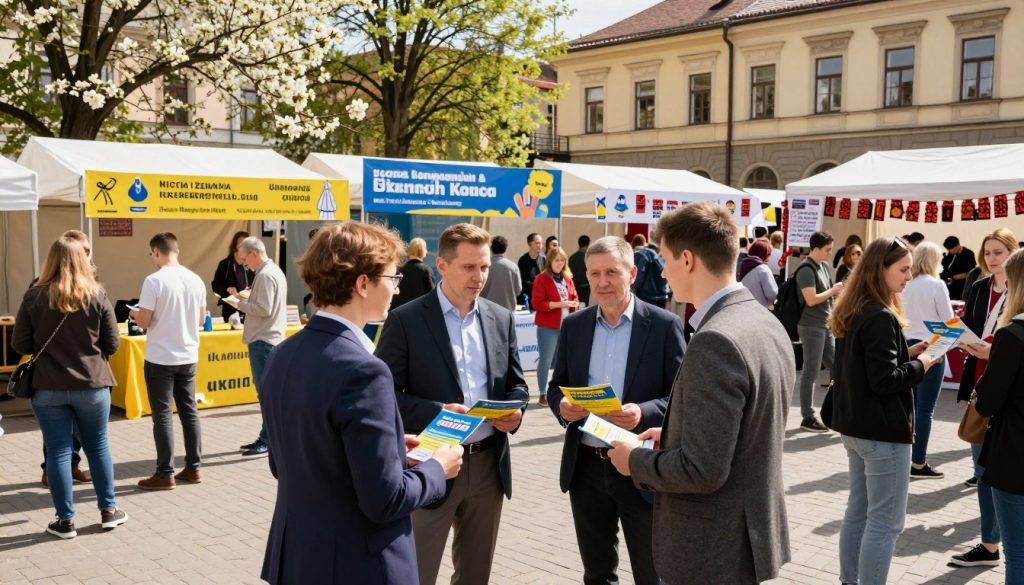 A vibrant scene showcasing a diverse group of people engaged in various political and social initiatives during a lively festival in Ukraine, set in a sunlit public square. In the foreground, individuals in professional business attire and modest casual clothing discuss community projects, holding colorful brochures. The middle ground features booths adorned with bright banners representing social causes, alongside traditional decorations for seasonal celebrations. In the background, historical buildings provide a cultural context, basking in warm daylight, with trees laden with spring blossoms. The overall mood is hopeful and dynamic, emphasizing collaboration and community spirit, captured with a wide-angle lens to highlight the bustling atmosphere and enhance depth of field.